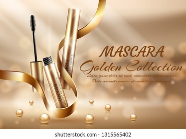 Realistic cosmetic mascara gold packaging on the shining background with bokeh. Vector illustration