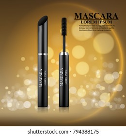 Realistic cosmetic mascara packaging on the shining  background with bokeh and stars.  Vector 3d illustration for design  placard, presentation, banners and cover.