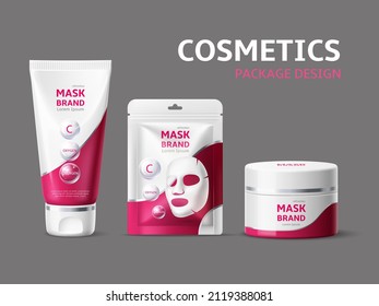 Diseño de empaque de mascarillas cosméticas realistas. Línea de productos para el cuidado de la piel. Diferentes contenedores de estilo unificado. Frasco 3D, tubo y sobre. Humedad de colágeno. Vector en blanco