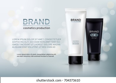 A Realistic cosmetic mockup design. Cosmetics products for cream, soups, foams, shampoo, glue. Mock up for your brand template. Vector illustration.