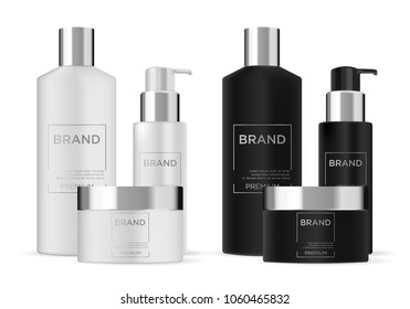Realistic cosmetic mockup. 
Packages for cosmetic product. 
Blank templates of containers vial with dropper, 
bottle for shower gel, lotion, shampoo with 
pump dispenser, jar, tube for cream.
