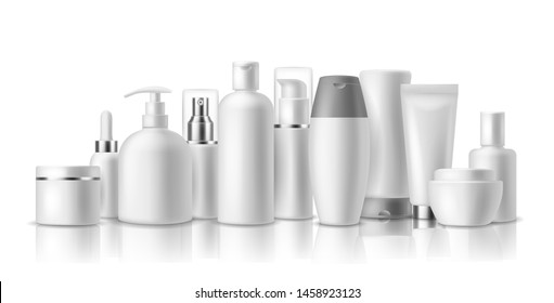 Realistic Cosmetic Mockups. Skin Care Cosmetics Bottles, Container And Jar. Spa Beauty Product. Spray, Lotion And Cream Vector Isolated Luxury Package