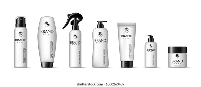 Realistic cosmetic mockups. skin care cosmetics bottles, container and jar. spa beauty product. Foam tube, hairspray, deodorant, plastic bottles.