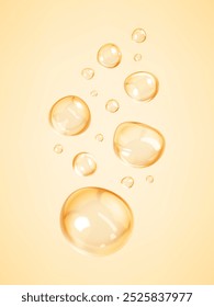 Realistic cosmetic oil drops. Liquid drops, serum, vitamin or collagen. Skincare transparent bubbles.  Beauty product. Realistic vector