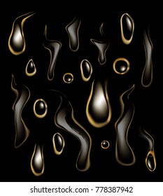 Realistic cosmetic oil, serum collagen drops on transparent light background. Body, skin care concept. Macro elements for your design. Vector illustration on black background