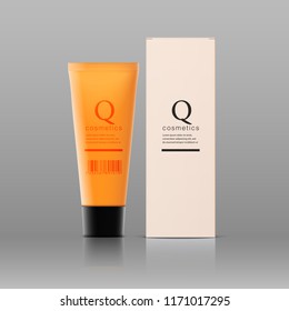Realistic cosmetic orange bottle with black lid on a white background. Package collection for cream, shampoo, glue. Mock up set for brand template. vector illustration.