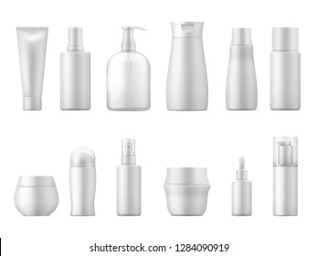 Realistic Cosmetic Package. Product Bottle Pack 3D White Plastic Lotion Tube Shampoo Container Blank Empty Package. Beauty Vector Set