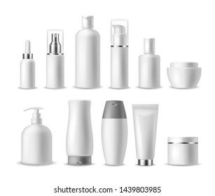 Realistic cosmetic package. White blank cosmetics bottles, containers. Beauty products. Spray, soap and cream, shampoo vector blanc luxury packaging mockup