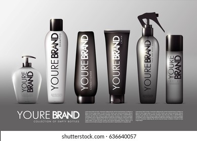 Realistic cosmetic packages collection with liquid soap shampoo conditioner cream spray and body oil isolated vector illustration