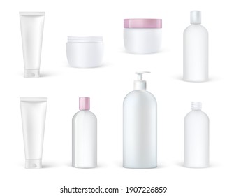 Realistic cosmetic packaging mockup. Bath soap, foam, shampoo, skin care jar. Cosmetic plastic containers and boxes, realistic high detailed.