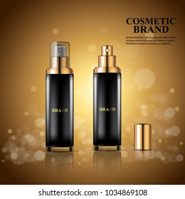 Realistic cosmetic perfume in black glass spray bottles on shining background.  Vector 3d illustration for design  placard, presentation, banners and cover.