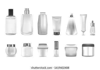 Realistic cosmetic or perfume containers. Empty product bottle pack 3D white plastic. Mockup for cream and gel, shampoo and dispenser, spray and lotion. Beauty vector set
