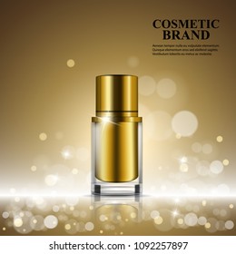 Realistic cosmetic perfume spray glass bottle with golden cap on shining background.  Vector 3d illustration for design  placard, presentation, banners and cover.
