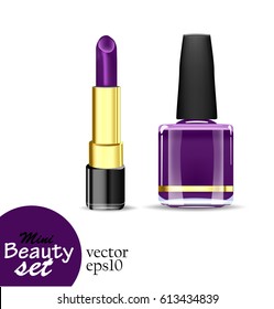 Realistic cosmetic products. Lipstick and bottle nail polish are saturated dark purple color isolated on a white background. Vector illustrations mini beauty set.
