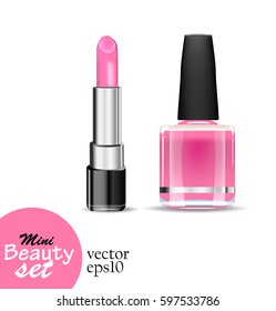 Realistic cosmetic products. One tube lipstick and one bottle nail polish are saturated pink  color isolated on a white background. Vector illustrations mini beauty set.