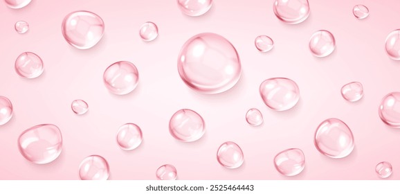 Gotas cosméticas realistas del suero en el fondo rosado. Gotas líquidas, suero, gel o textura de colágeno. Cuidado de la piel burbujas transparentes. Manchas de hidratación cosmética para el cuidado de la piel. Producto de belleza.