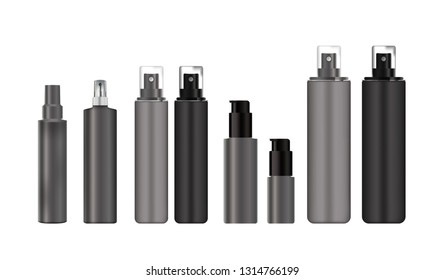 Realistic cosmetic set, black and grey spray with bottle black cap for cosmetic.
Package design cosmetic jar products. 
Vector illustration. Eps 10.