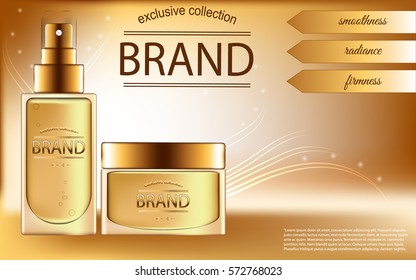 Realistic cosmetic set consisting of a bottle of oil or concealer and jars of cream or balm