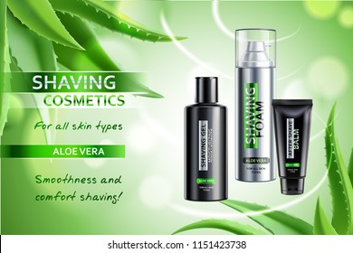 Realistic cosmetic shaving products with aloe vera advertising composition on blurred green background with leaves vector illustration 