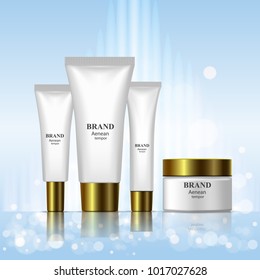 Realistic cosmetic skin care cream packaging on blue shining background. Vector 3d illustration for design placard, presentation, banners and cover.  