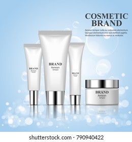 Realistic cosmetic skin care cream packaging on blue shining background. Vector 3d illustration for design placard, presentation, banners and cover.  