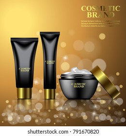 Realistic cosmetic skin care cream packaging on golden shining background. Vector 3d illustration for design  placard, presentation, banners and cover.  