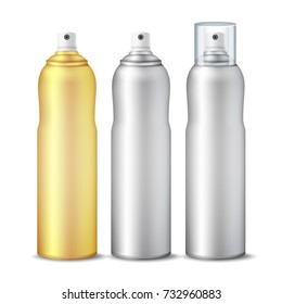 Realistic Cosmetic Spray Can Vector. Aluminium Can Template Blank. Different Deodorant Types. 3D packaging. Isolated Illustration