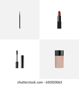 Realistic Cosmetic Stick, Eyelashes Ink, Concealer And Other Vector Elements. Set Of Maquillage Realistic Symbols Also Includes Eyelashes, Cosmetic, Lipstick Objects.
