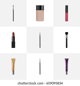 Realistic Cosmetic Stick, Fashion Equipment, Pomade And Other Vector Elements. Set Of Maquillage Realistic Symbols Also Includes Cream, Creme, Lipstick Objects.