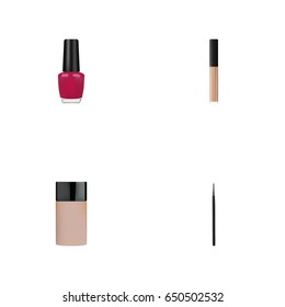 Realistic Cosmetic Stick, Varnish, Concealer And Other Vector Elements. Set Of Greasepaint Realistic Symbols Also Includes Nail, Stick, Skincare Objects.