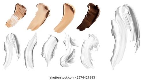 Realistic cosmetic swatches in skin-tone shades and white cream strokes for beauty presentations, product designs, or branding. Perfect for makeup, skincare, ads, and marketing. Vector