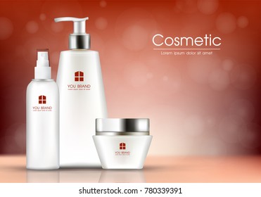 Realistic Cosmetic template design. Vector tube packaging, Cream jar, cream pump and brown background with bokeh. mock-up cosmetic tamplate design, vector illustration.