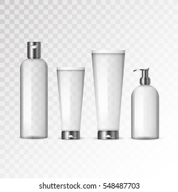 Realistic cosmetic transparent bottles with black caps on white background. Cosmetic cream containers and tubes for cream, lotion, shampoo, gel, balsam, conditioner, spray. 3d Vector Illustration