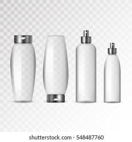 Realistic cosmetic transparent bottles with black caps on white background. Cosmetic cream containers and tubes for cream, lotion, shampoo, gel, balsam, conditioner, spray. 3d Vector Illustration