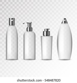 Realistic cosmetic transparent bottles with black caps on white background. Cosmetic cream containers and tubes for cream, lotion, shampoo, gel, balsam, conditioner, spray. 3d Vector Illustration