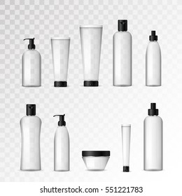 Realistic cosmetic transparent bottles with black caps on white background. Cosmetic cream containers and tubes for cream, lotion, shampoo, gel, balsam, conditioner, spray. 3d Vector Illustration