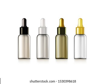 Realistic Cosmetic Transparent Glass Dropper Bottle Set. EPS10 Vector