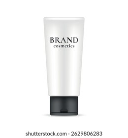 Realistic cosmetic tube with BRAND cosmetics label on white background. Packaging template for branding and design