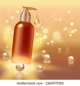 Realistic cosmetic tube with gold drop and pearls. Ad concept for collagen or moisturizing creme or liquid. Background with lighting effect.