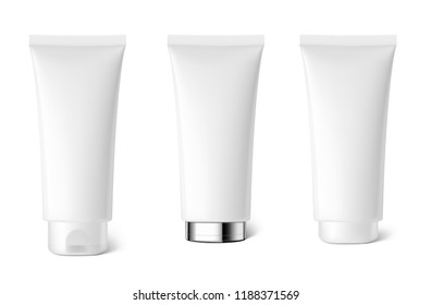 Realistic cosmetic tubes on white background. Can be used for cosmetic, medical, gels, creams, shampoo and pastes. Face and back view. Vector illustration. EPS10.