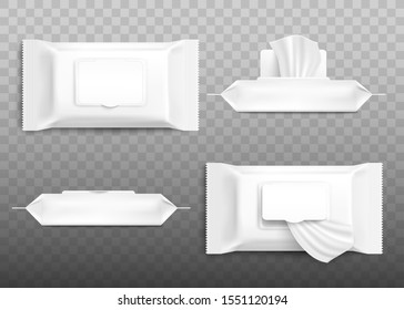 Realistic Cosmetic Wet Wipe Pack Mockup Set With Open And Closed Flap From Top And Side View Isolated On Transparent Background - Blank Template Vector Illustration