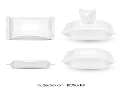 Realistic cosmetic wet wipe pack mockup set with open and closed flap from top and side view isolated on white background. Vector illustration. Eps 10.