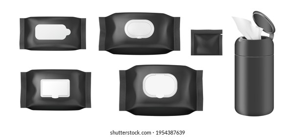 Realistic cosmetic wet wipe pack black mockup set with open and closed flap from top and side view isolated on while background. 3d vector illustration