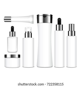 Realistic cosmetic white bottles. Vector containers, tubes, sashet for cream, balsam, lotion, gel, shampoo, foundation cream. 3d Illustration for your design