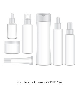 Realistic cosmetic white vector bottles. Vector containers, tubes, sashet for cream, balsam, lotion, gel, shampoo, foundation cream. 3d Illustration for your design