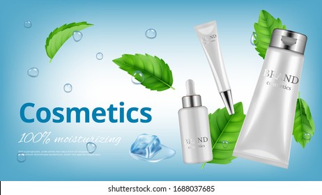 Realistic cosmetics banner. White bottles and tubes with water drops and mint leaves. Moisturizing cream vector illustration