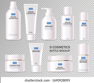 Realistic Cosmetics, Blue Design, White Bottle Set, Packaging Mockup, Skin Care, Hydration Cream, Toner, Cleanser, Serum, Beauty Card, Face Treatment, Isolated Container 3d White Background Vector