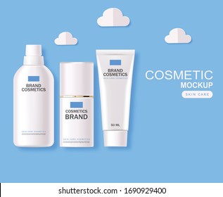 Realistic Cosmetics, Blue Design, White Bottle Set, Packaging Mockup, Skin Care, Hydration Cream, Toner, Cleanser, Serum, Beauty Card, Face Treatment, Isolated Container 3d White Background Vector