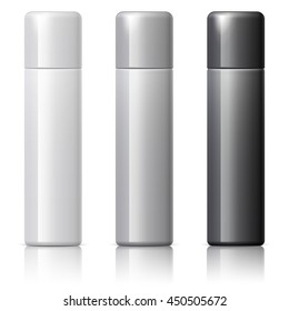 Realistic Cosmetics bottle can Spray, Deodorant, Air Freshener. With lid. White black and gray colors. Object, shadow, and reflection on separate layers. Vector illustration