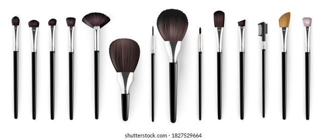 Realistic cosmetics brush for makeup, beauty and fashion industry equipment isolated on white background. Different types tools of make up brushes for face, eyelashes, eyebrows and eyes.
